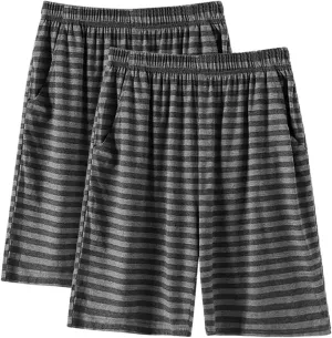 2 Pack Men's Pajama Shorts 100% Cotton Woven Sleepwear Striped Lounge Pants PJ shorts with Pockets