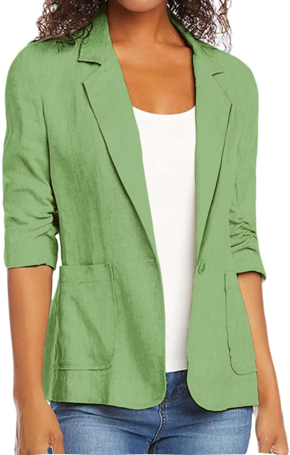 2025 Linen Blazer Women Casual 3/4 Stretchy Ruched Sleeve Blazer Jackets Lightweight Breathable Work Office Jackets