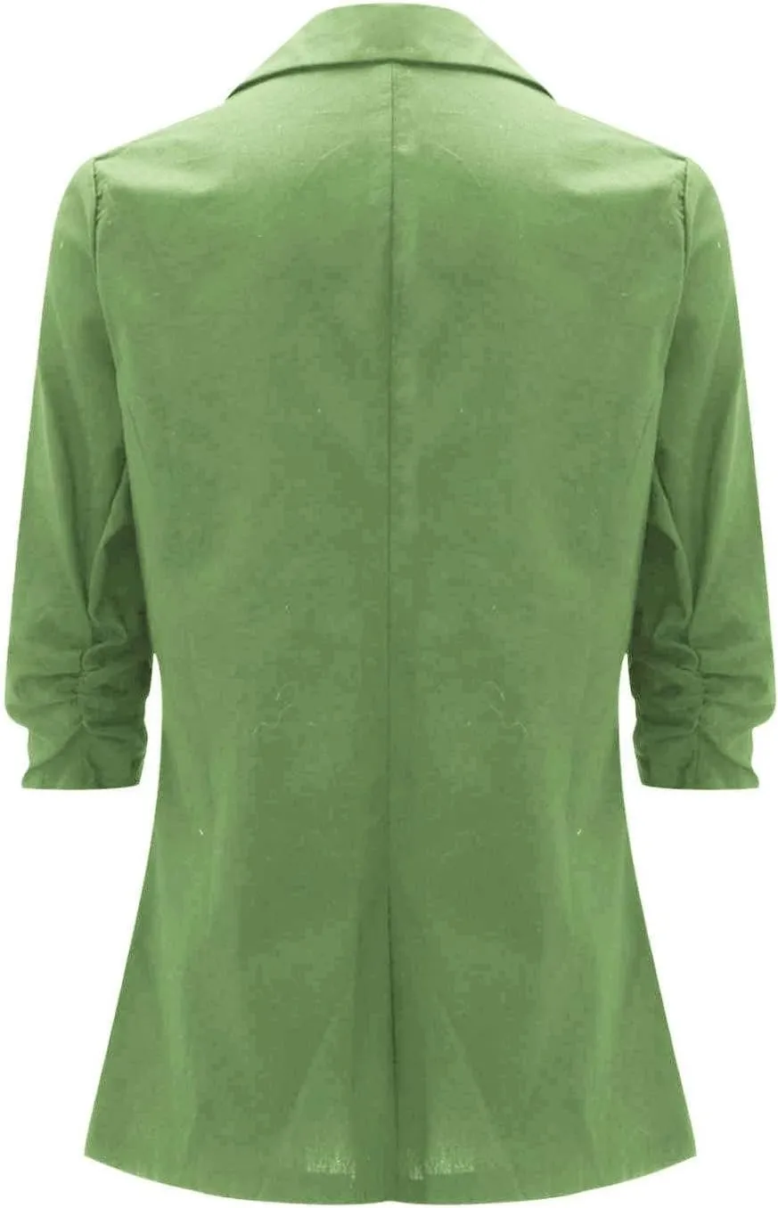 2025 Linen Blazer Women Casual 3/4 Stretchy Ruched Sleeve Blazer Jackets Lightweight Breathable Work Office Jackets