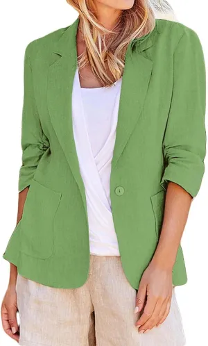 2025 Linen Blazer Women Casual 3/4 Stretchy Ruched Sleeve Blazer Jackets Lightweight Breathable Work Office Jackets