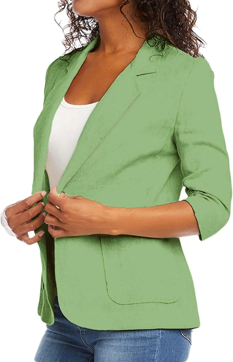 2025 Linen Blazer Women Casual 3/4 Stretchy Ruched Sleeve Blazer Jackets Lightweight Breathable Work Office Jackets