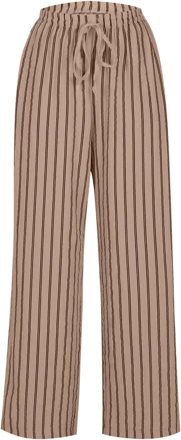 2025 Women Striped Wide Leg Pant Casual Drawstring Waist Pant Baggy Contrast Lounge Sleepwear Straight Leg Trouser