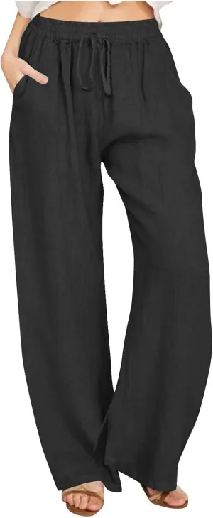2025 Women Striped Wide Leg Pant Casual Drawstring Waist Pant Baggy Contrast Lounge Sleepwear Straight Leg Trouser