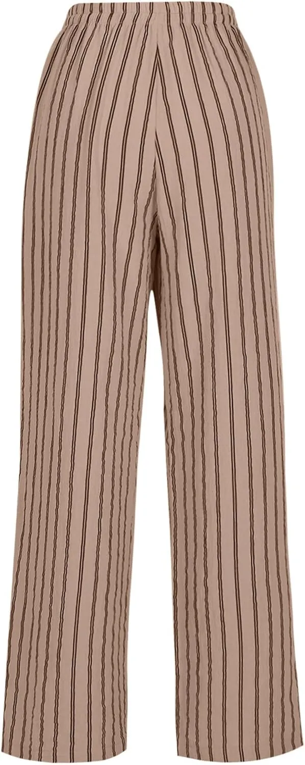 2025 Women Striped Wide Leg Pant Casual Drawstring Waist Pant Baggy Contrast Lounge Sleepwear Straight Leg Trouser