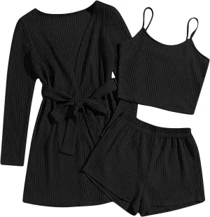 3 Piece Pajama Set for Women Waffle Knit Lounge Sets Crop Tops And Elastic Shorts Soft Cardigan Comfy Loungewear