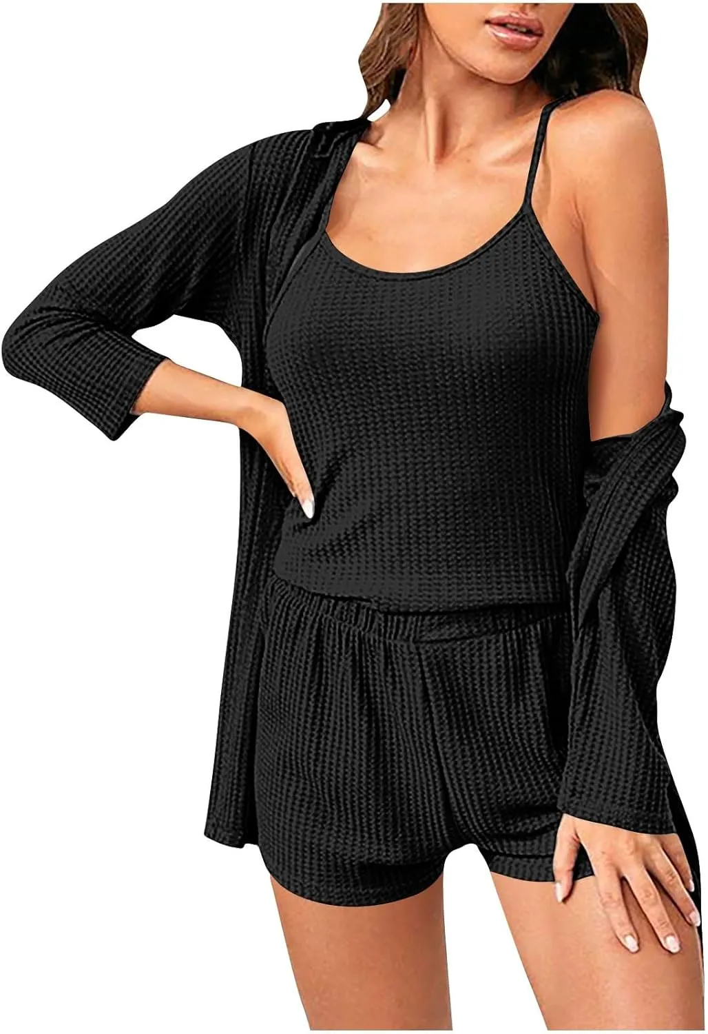 3 Piece Pajama Set for Women Waffle Knit Lounge Sets Crop Tops And Elastic Shorts Soft Cardigan Comfy Loungewear