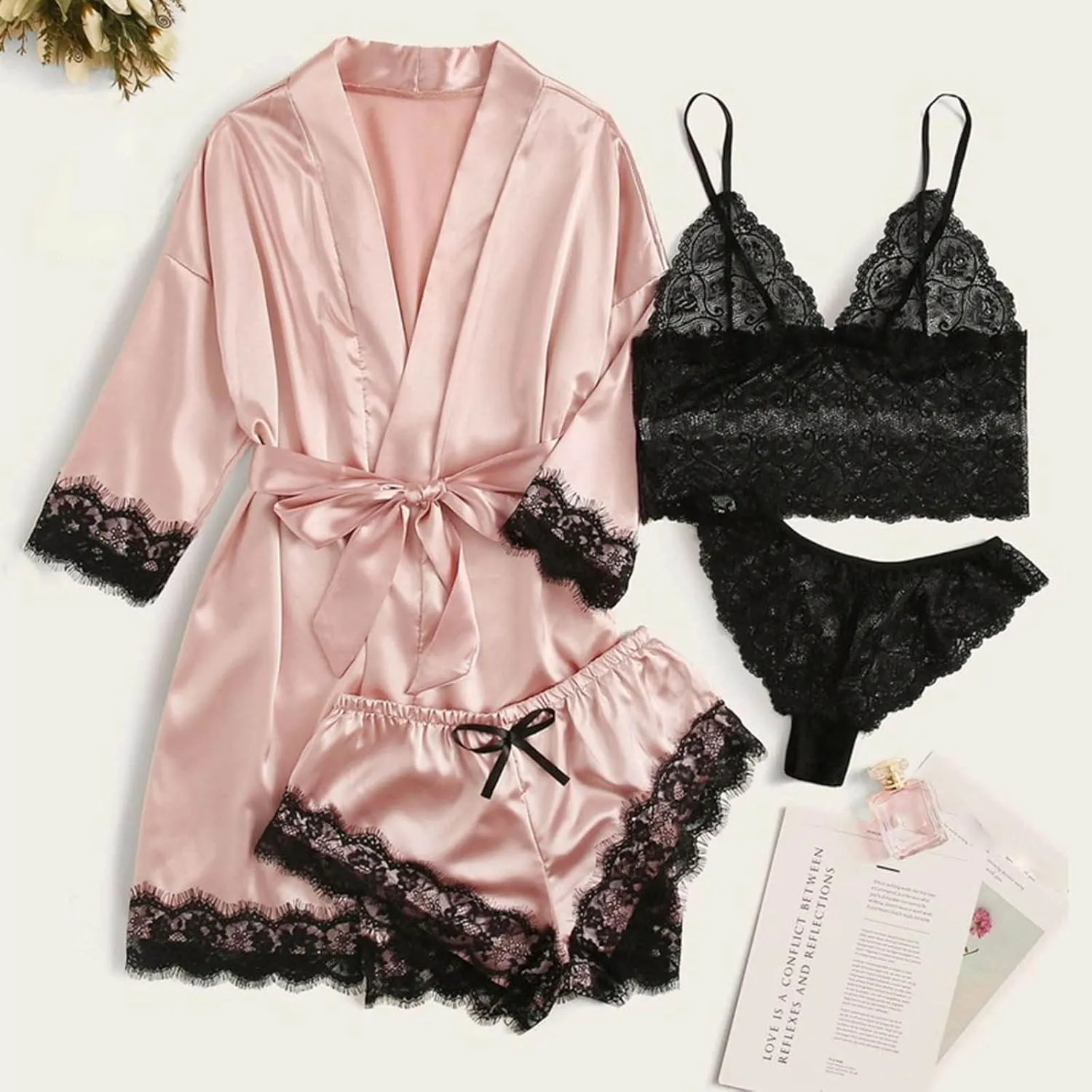 4 Piece Pajamas Sets for Women Satin Lingerie Robe Sexy Lace See Through Bras Wireless Bralette Bras
