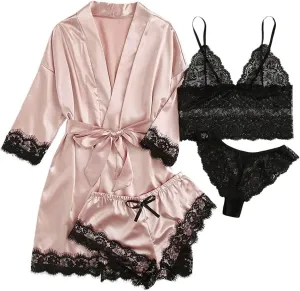 4 Piece Pajamas Sets for Women Satin Lingerie Robe Sexy Lace See Through Bras Wireless Bralette Bras