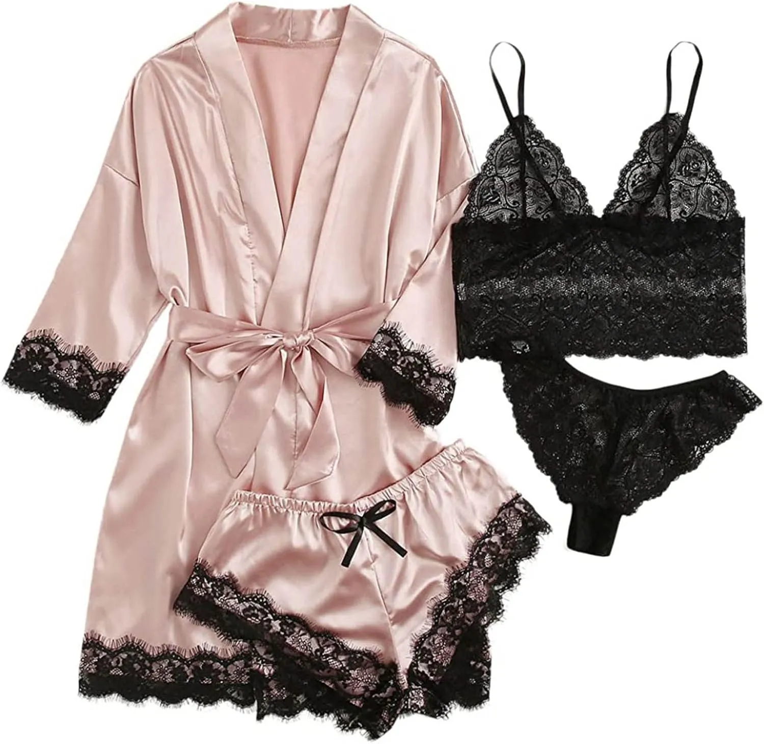 4 Piece Pajamas Sets for Women Satin Lingerie Robe Sexy Lace See Through Bras Wireless Bralette Bras