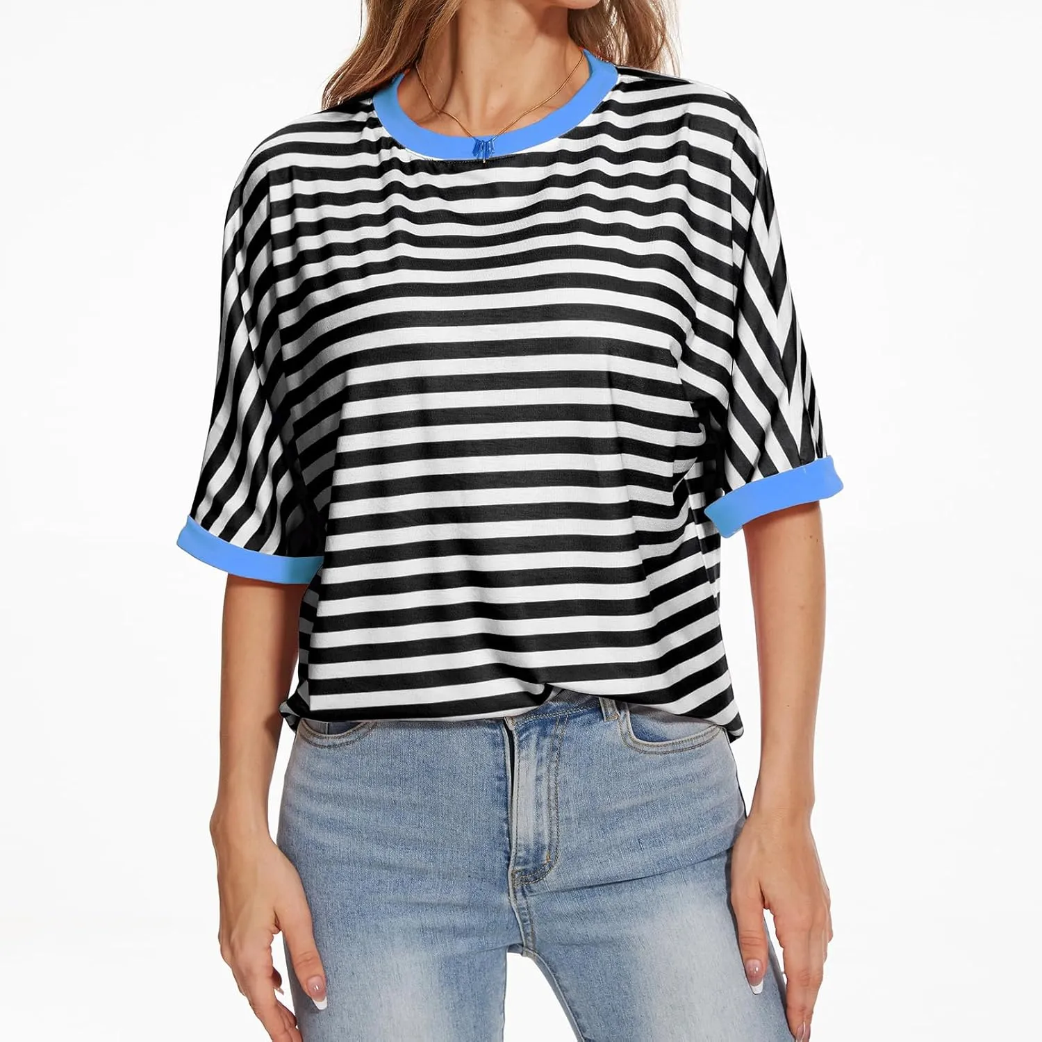 Ahtyeo Women's Oversized T Shirts Striped Short Sleeve Crew Neck Summer Tops Casual Basic Tee 2024 Trendy Shirts