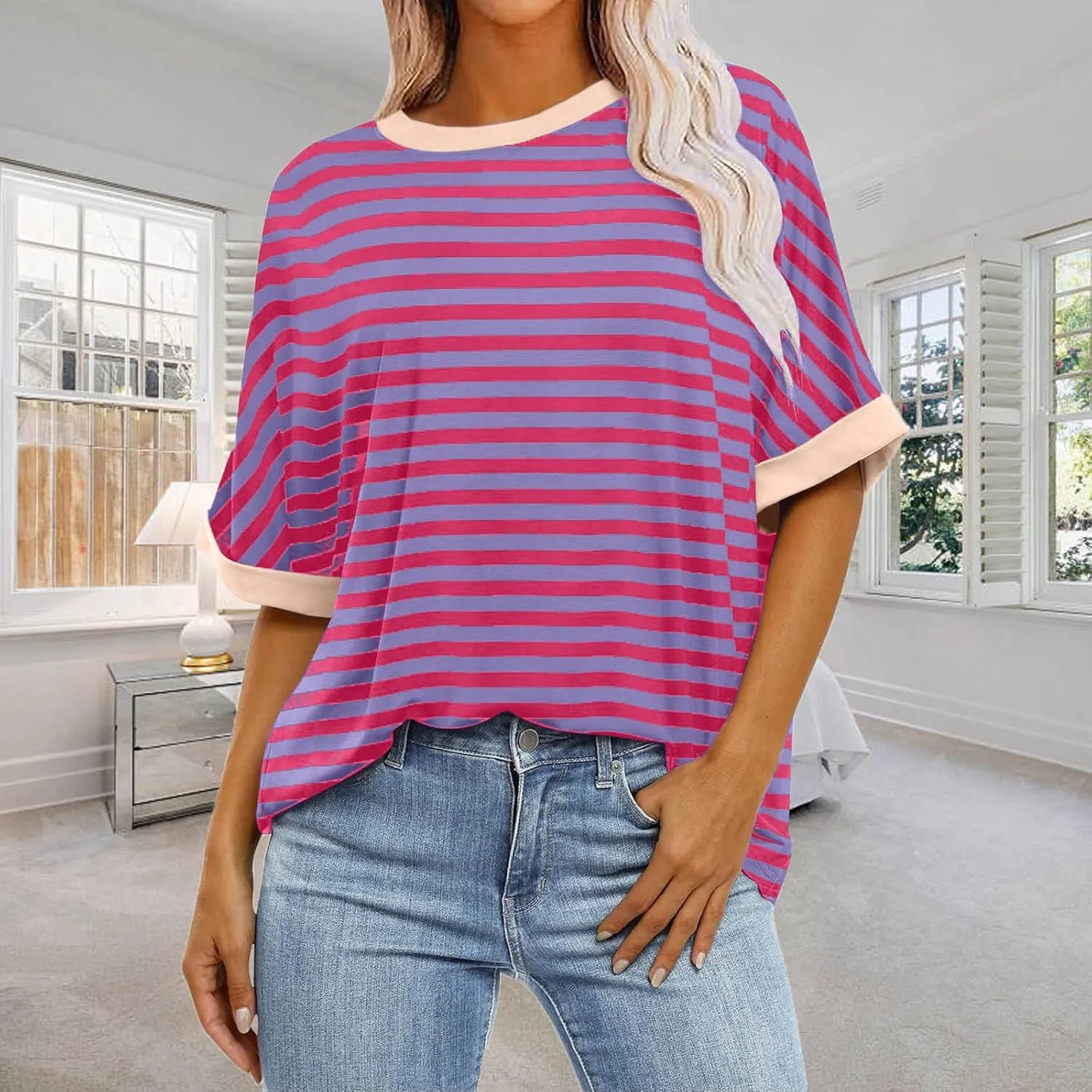Ahtyeo Women's Oversized T Shirts Striped Short Sleeve Crew Neck Summer Tops Casual Basic Tee 2024 Trendy Shirts