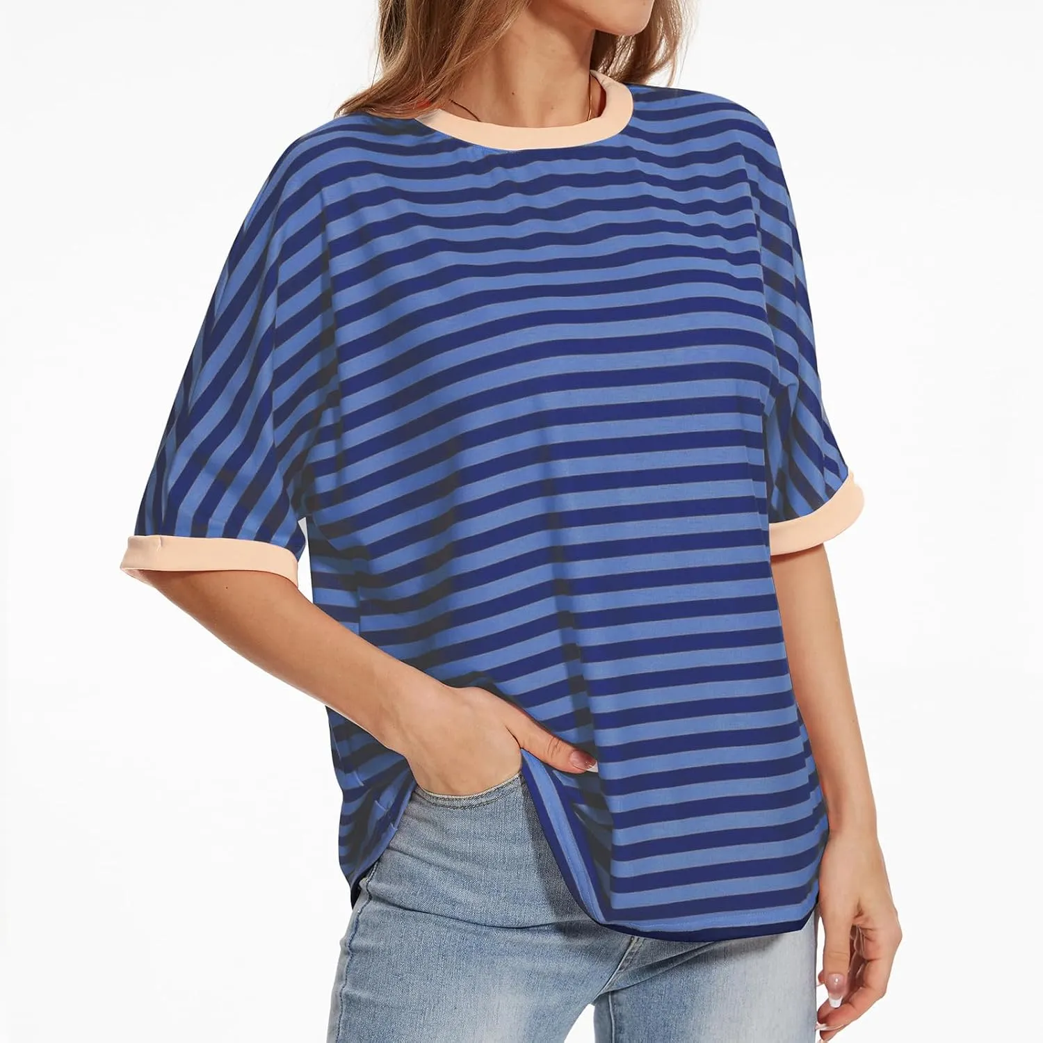 Ahtyeo Women's Oversized T Shirts Striped Short Sleeve Crew Neck Summer Tops Casual Basic Tee 2024 Trendy Shirts