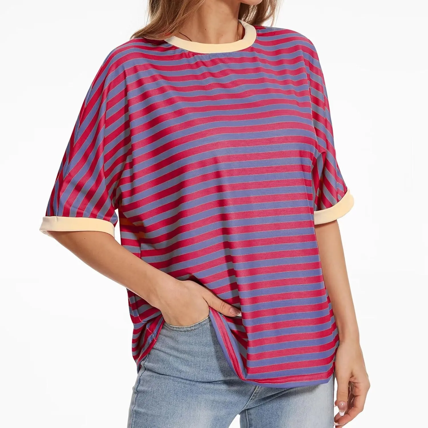 Ahtyeo Women's Oversized T Shirts Striped Short Sleeve Crew Neck Summer Tops Casual Basic Tee 2024 Trendy Shirts