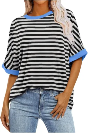Ahtyeo Women's Oversized T Shirts Striped Short Sleeve Crew Neck Summer Tops Casual Basic Tee 2024 Trendy Shirts