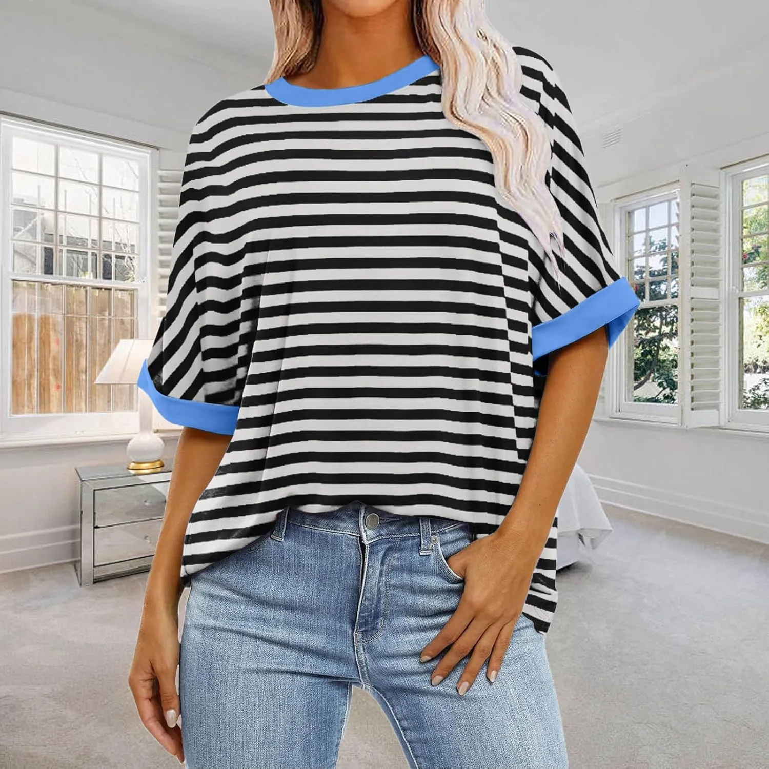 Ahtyeo Women's Oversized T Shirts Striped Short Sleeve Crew Neck Summer Tops Casual Basic Tee 2024 Trendy Shirts