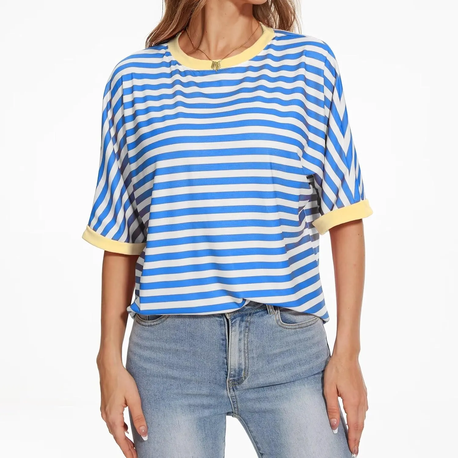 Ahtyeo Women's Oversized T Shirts Striped Short Sleeve Crew Neck Summer Tops Casual Basic Tee 2024 Trendy Shirts