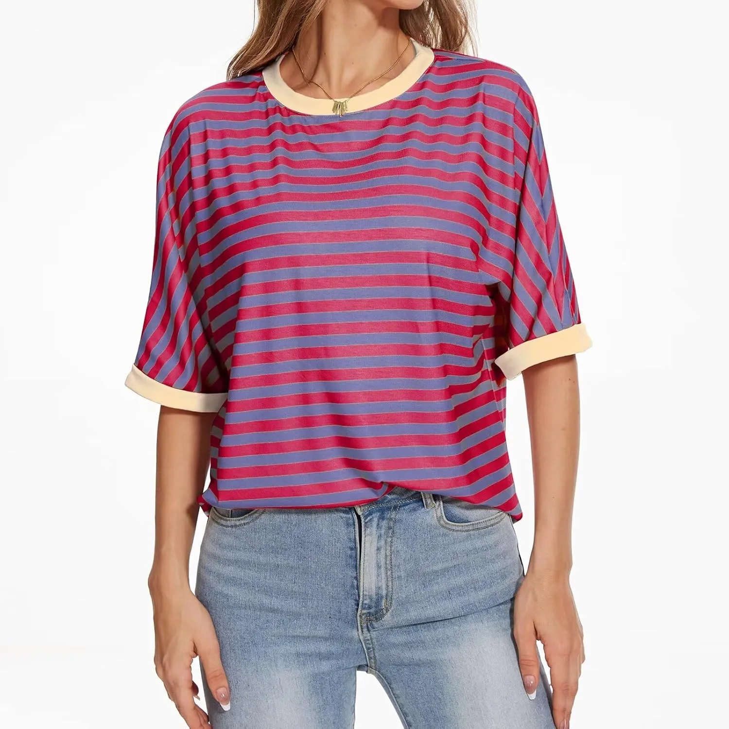 Ahtyeo Women's Oversized T Shirts Striped Short Sleeve Crew Neck Summer Tops Casual Basic Tee 2024 Trendy Shirts