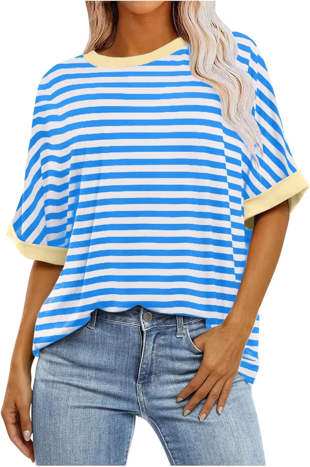 Ahtyeo Women's Oversized T Shirts Striped Short Sleeve Crew Neck Summer Tops Casual Basic Tee 2024 Trendy Shirts