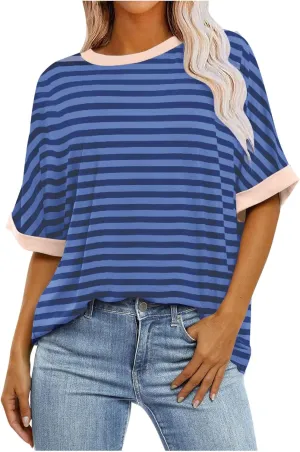Ahtyeo Women's Oversized T Shirts Striped Short Sleeve Crew Neck Summer Tops Casual Basic Tee 2024 Trendy Shirts