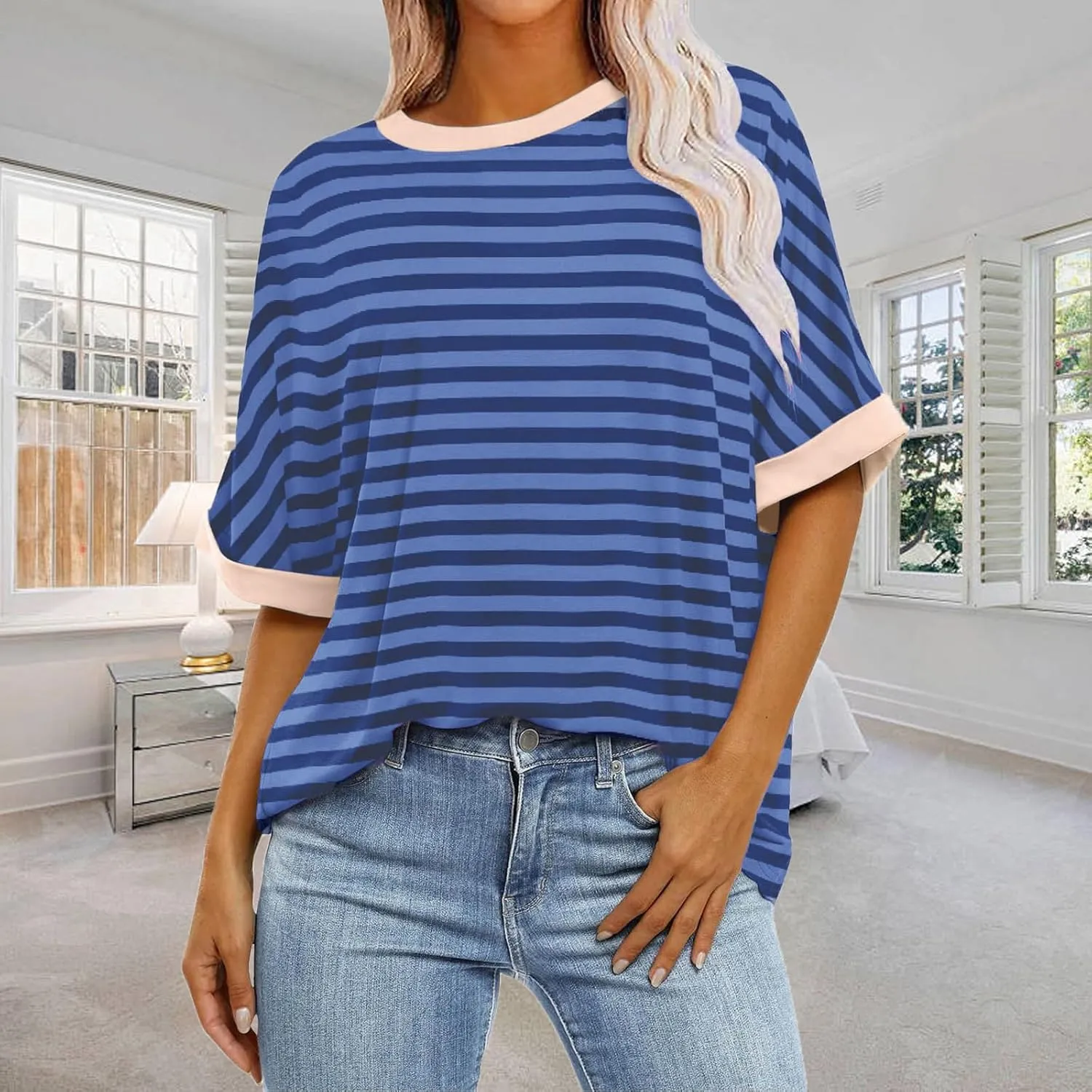 Ahtyeo Women's Oversized T Shirts Striped Short Sleeve Crew Neck Summer Tops Casual Basic Tee 2024 Trendy Shirts