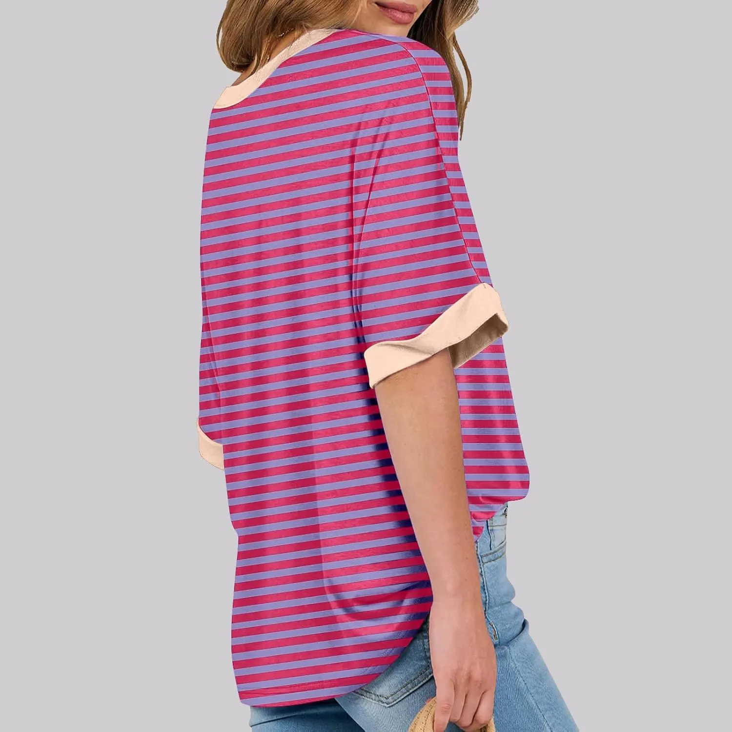 Ahtyeo Women's Oversized T Shirts Striped Short Sleeve Crew Neck Summer Tops Casual Basic Tee 2024 Trendy Shirts