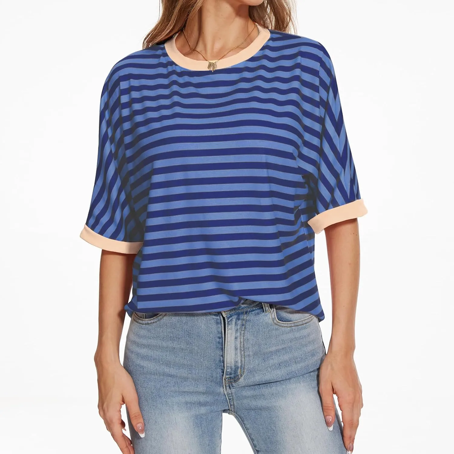 Ahtyeo Women's Oversized T Shirts Striped Short Sleeve Crew Neck Summer Tops Casual Basic Tee 2024 Trendy Shirts