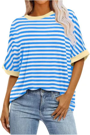 Ahtyeo Women's Oversized T Shirts Striped Short Sleeve Crew Neck Summer Tops Casual Basic Tee 2024 Trendy Shirts