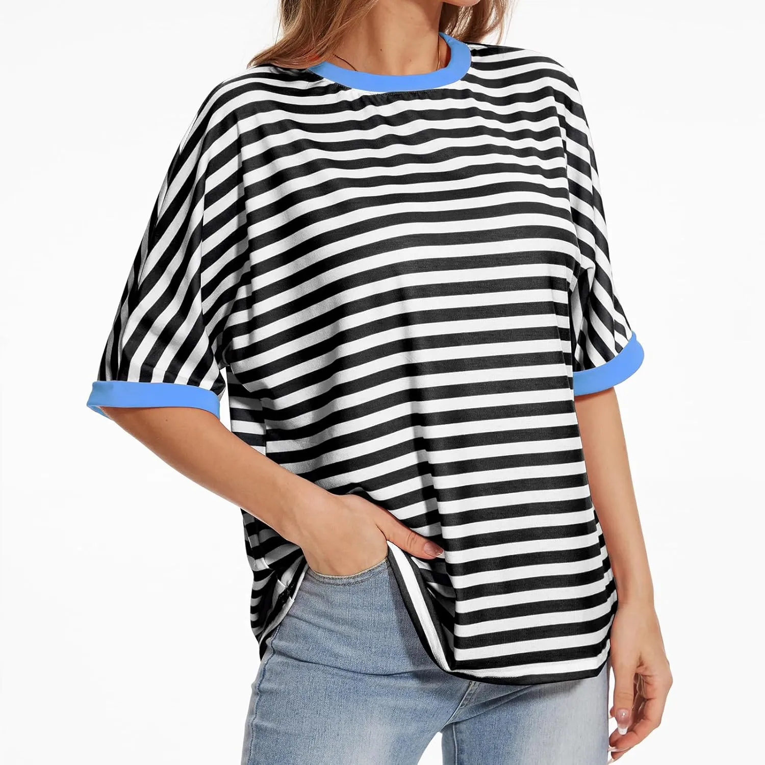 Ahtyeo Women's Oversized T Shirts Striped Short Sleeve Crew Neck Summer Tops Casual Basic Tee 2024 Trendy Shirts