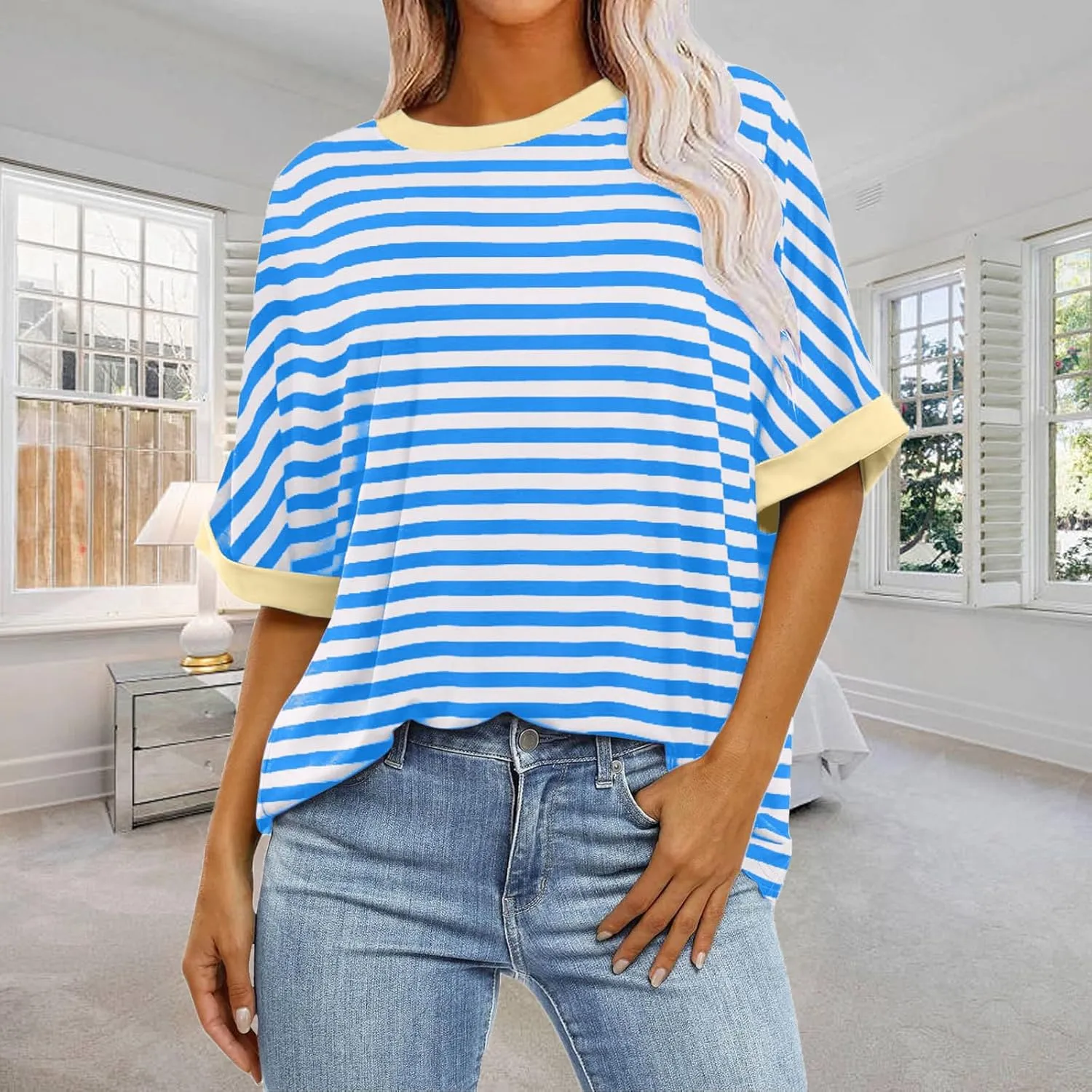 Ahtyeo Women's Oversized T Shirts Striped Short Sleeve Crew Neck Summer Tops Casual Basic Tee 2024 Trendy Shirts