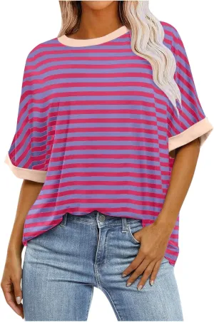 Ahtyeo Women's Oversized T Shirts Striped Short Sleeve Crew Neck Summer Tops Casual Basic Tee 2024 Trendy Shirts