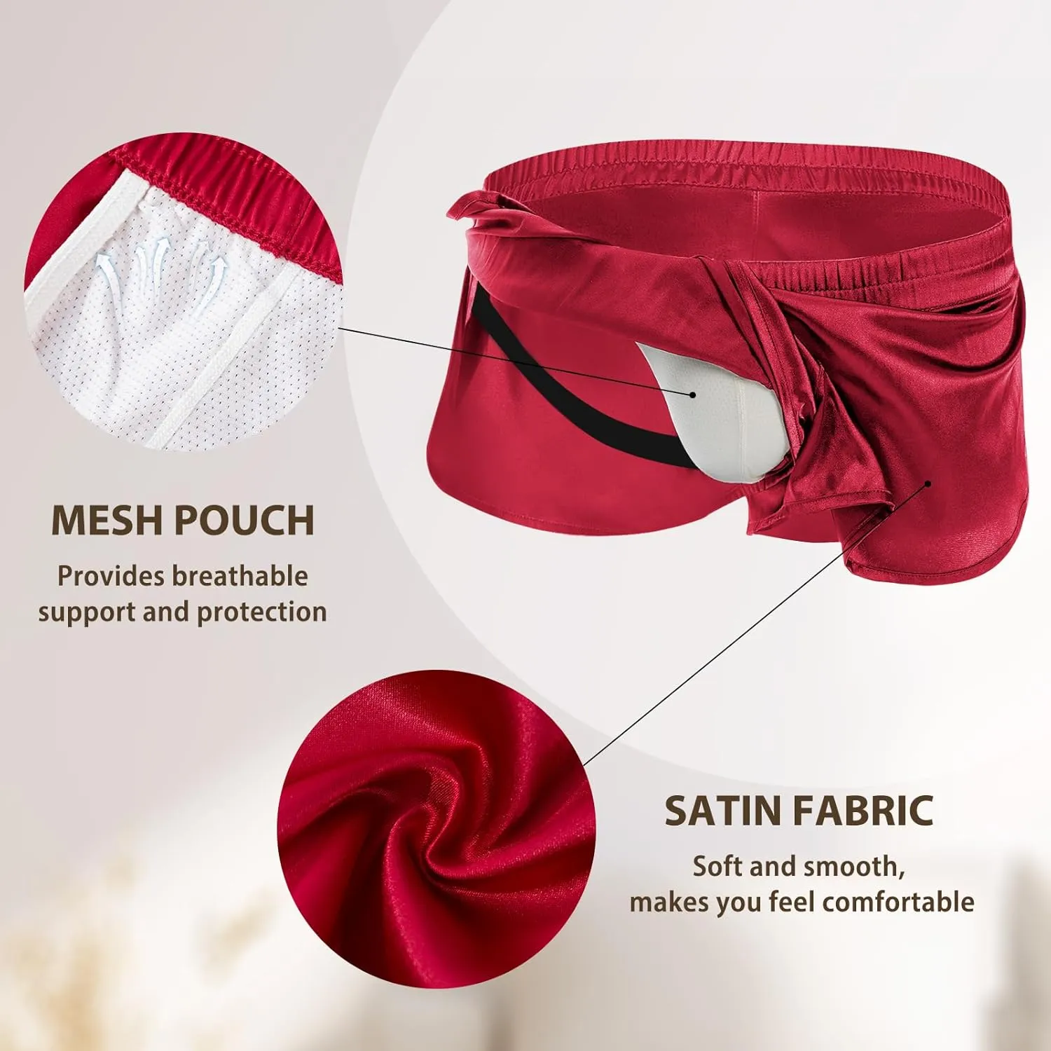 AMY COULEE Mens Sexy Satin Shorts Large Split Side Boxers Silky Pajamas Sleepwear with Pouch Liner