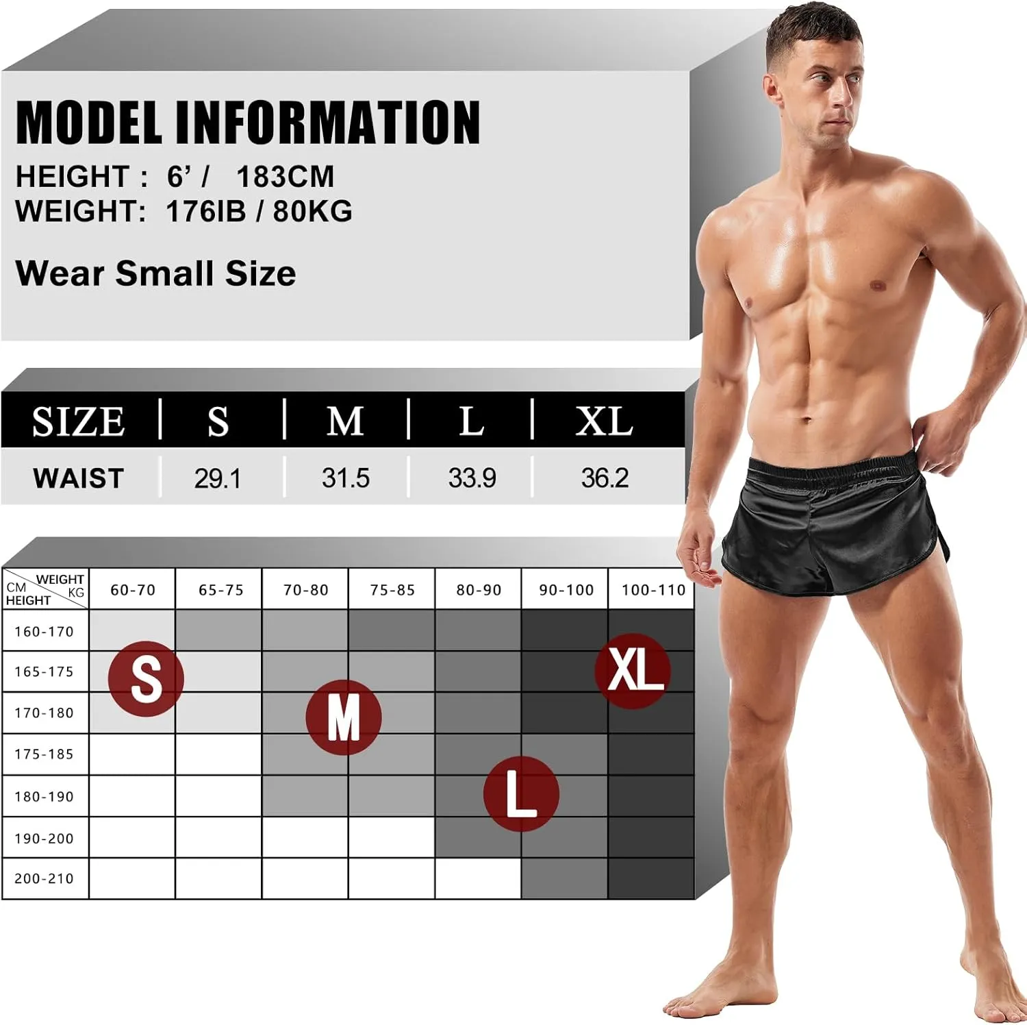AMY COULEE Mens Sexy Satin Shorts Large Split Side Boxers Silky Pajamas Sleepwear with Pouch Liner