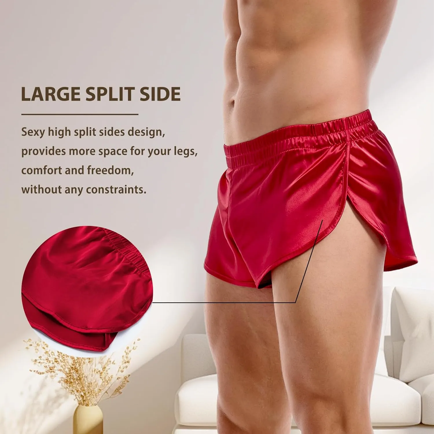AMY COULEE Mens Sexy Satin Shorts Large Split Side Boxers Silky Pajamas Sleepwear with Pouch Liner