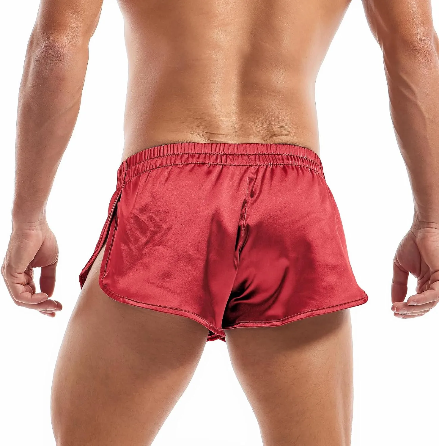 AMY COULEE Mens Sexy Satin Shorts Large Split Side Boxers Silky Pajamas Sleepwear with Pouch Liner