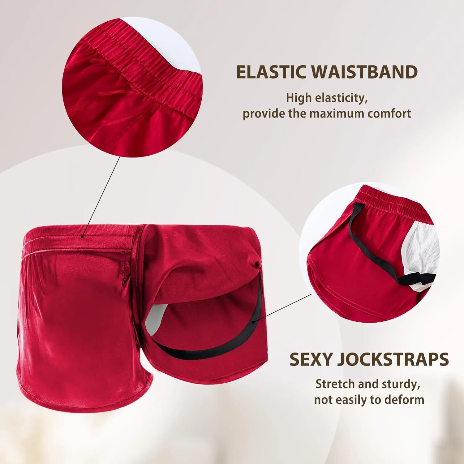 AMY COULEE Mens Sexy Satin Shorts Large Split Side Boxers Silky Pajamas Sleepwear with Pouch Liner