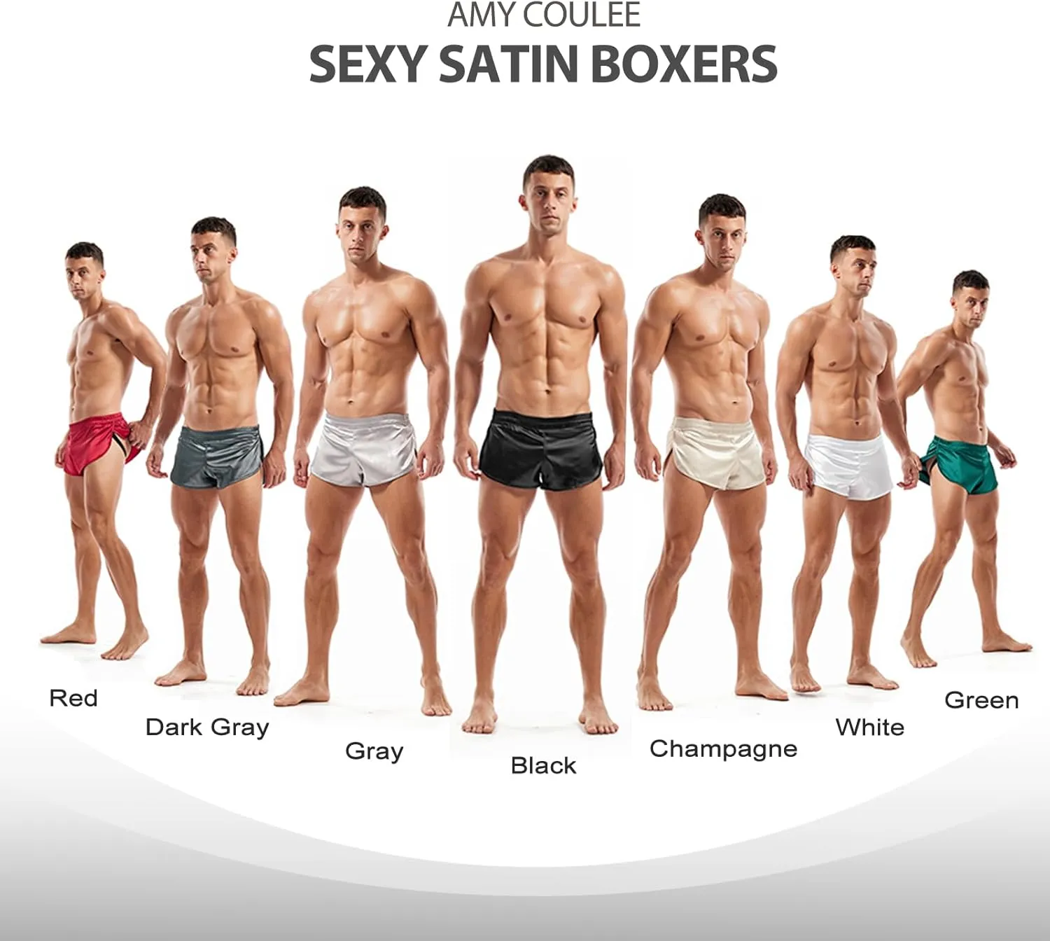 AMY COULEE Mens Sexy Satin Shorts Large Split Side Boxers Silky Pajamas Sleepwear with Pouch Liner