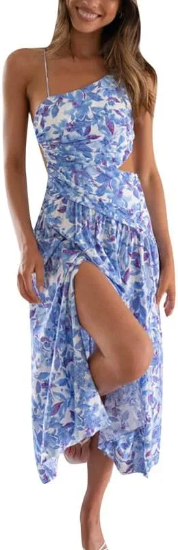 Argeousgor Women One Shoulder Midi Dress Y2K Pleated Bodycon Long Dresses Asymmetrical Ruffle Cocktail Evening Party Dress