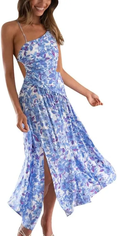 Argeousgor Women One Shoulder Midi Dress Y2K Pleated Bodycon Long Dresses Asymmetrical Ruffle Cocktail Evening Party Dress