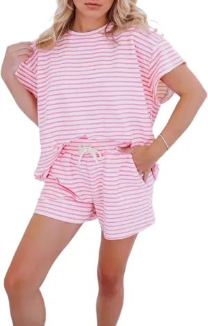 ASHER FASHION Women's Pajama Sets, Waffle Lounge Sets Shorts Striped Pajamas Sets, Waffle Knit 2 Piece Sets for Women