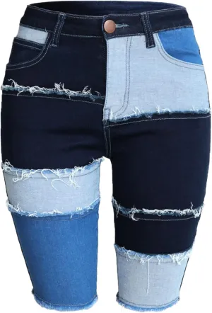 Atditama Women's Mid-Waist Patchwork Short Jeans Stretch Sexy Curved Frayed Hem Color Block Denim Shorts