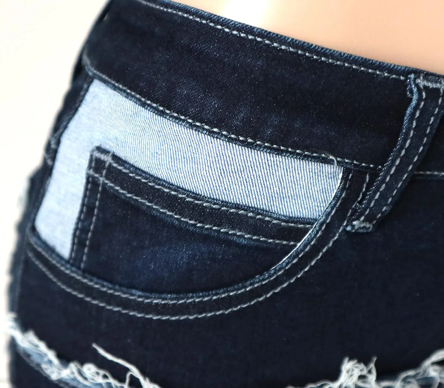 Atditama Women's Mid-Waist Patchwork Short Jeans Stretch Sexy Curved Frayed Hem Color Block Denim Shorts
