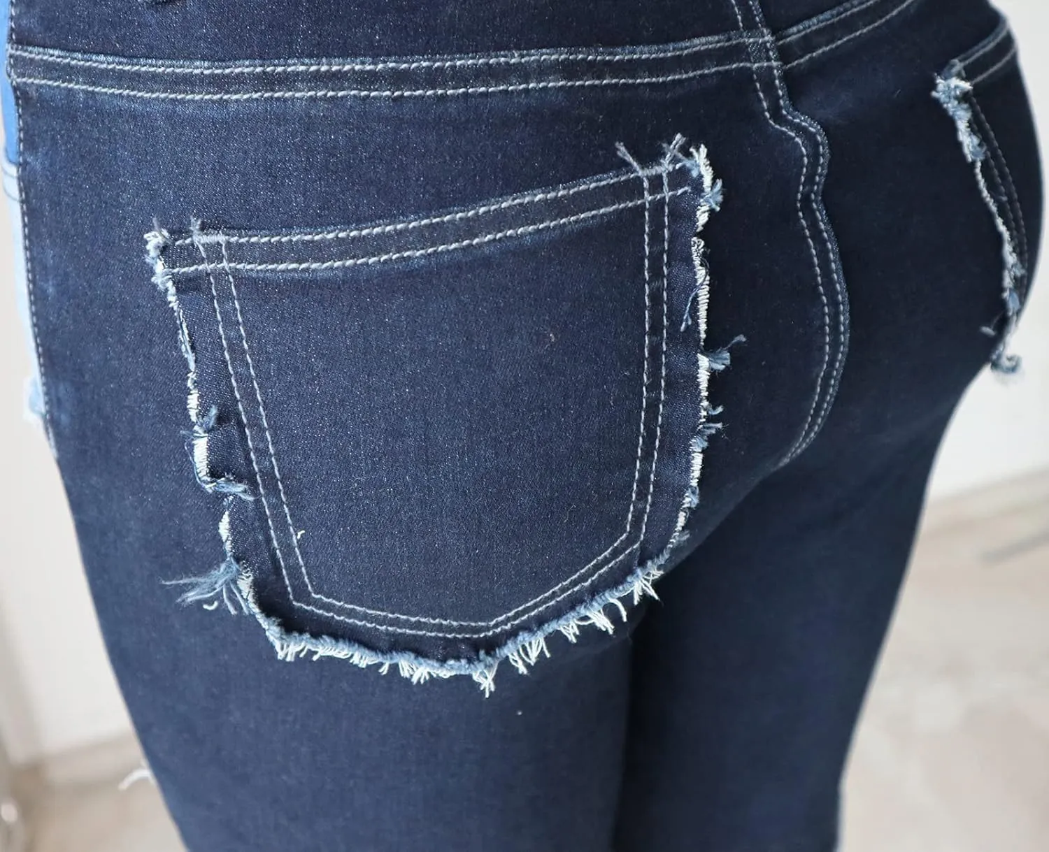 Atditama Women's Mid-Waist Patchwork Short Jeans Stretch Sexy Curved Frayed Hem Color Block Denim Shorts