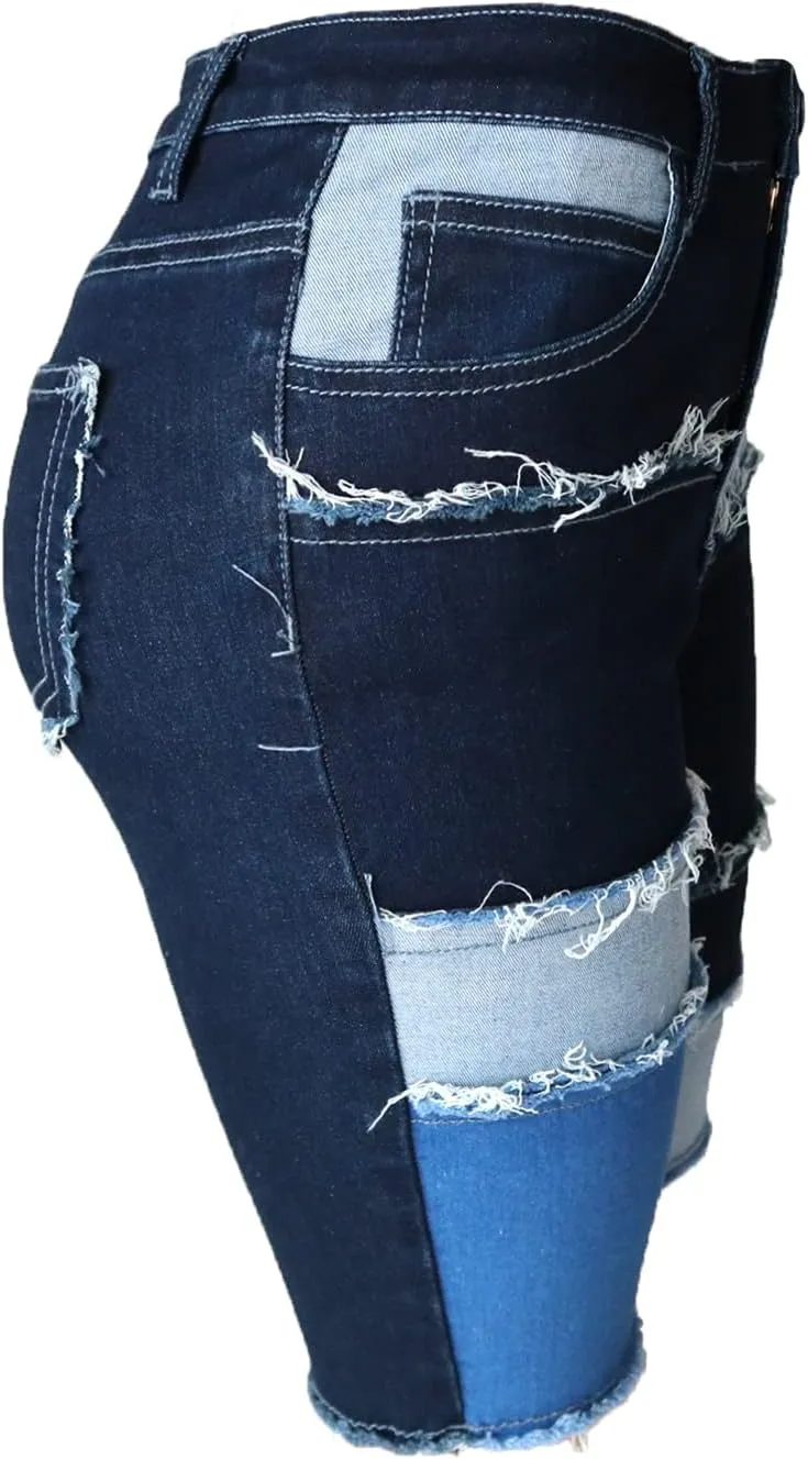 Atditama Women's Mid-Waist Patchwork Short Jeans Stretch Sexy Curved Frayed Hem Color Block Denim Shorts