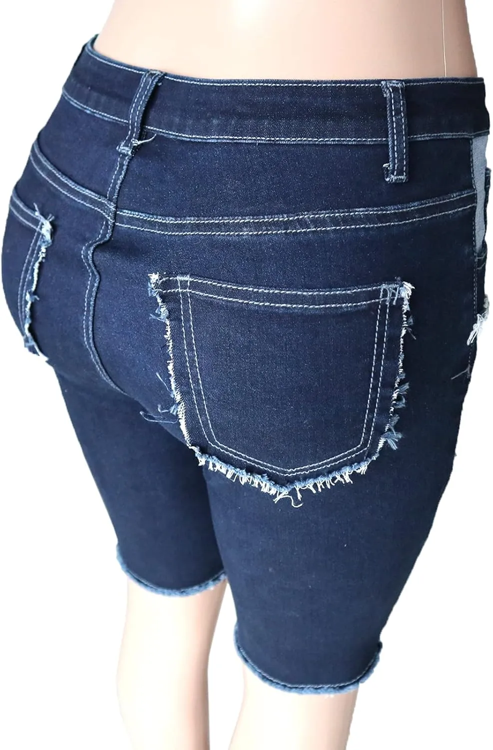 Atditama Women's Mid-Waist Patchwork Short Jeans Stretch Sexy Curved Frayed Hem Color Block Denim Shorts