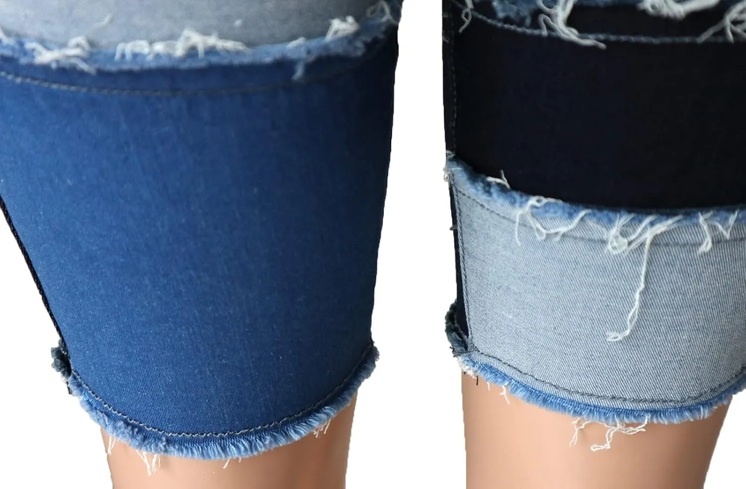 Atditama Women's Mid-Waist Patchwork Short Jeans Stretch Sexy Curved Frayed Hem Color Block Denim Shorts