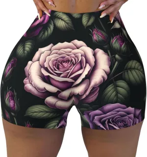 Augenstern Women's Athletic Stretch Shorts Roses-Lush-Green-Leaves Running Shorts for Women