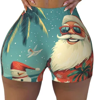 Augenstern Women's Athletic Stretch Shorts Tropical-Christmas-Santa Running Shorts for Women