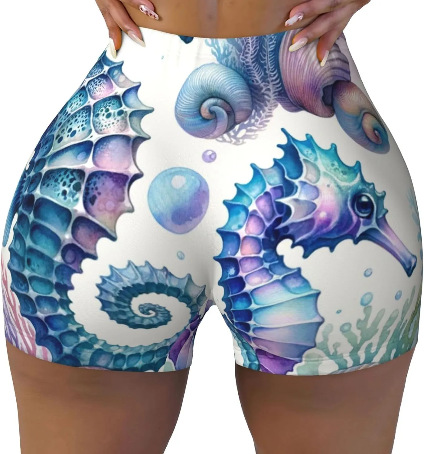 Augenstern Women's Athletic Stretch Shorts Underwater-Seahorse-Delight Running Shorts for Women