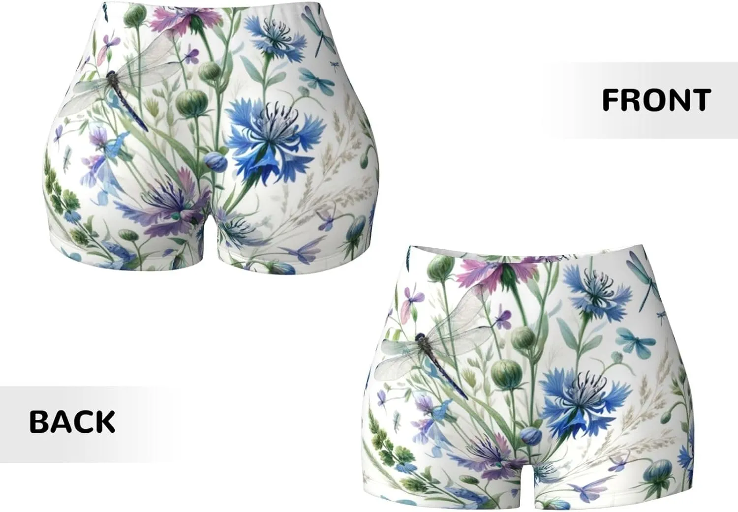 Augenstern Women's Athletic Stretch Shorts Watercolor-Flower-Dragonfly Running Shorts for Women