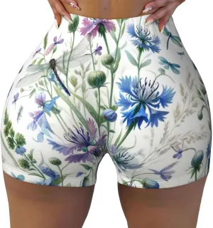 Augenstern Women's Athletic Stretch Shorts Watercolor-Flower-Dragonfly Running Shorts for Women